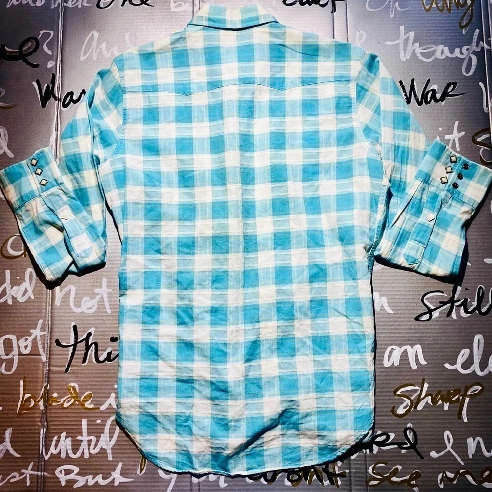 🤠💎 Polo Ralph Lauren Men’s S Western Plaid Shirt Snap Front Turquoise & White 🐎